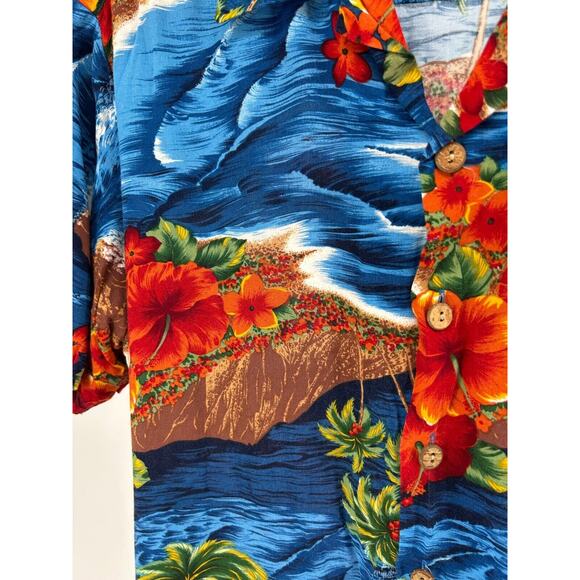 90s Kennington LTD Blue Orange Floral Hawaiian Tropical Short Sleeve Button Down - Picture 3 of 7